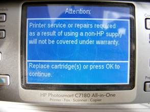Attention: Printer service repairs required as a result of using non-HP supply will not be covered under warranty.